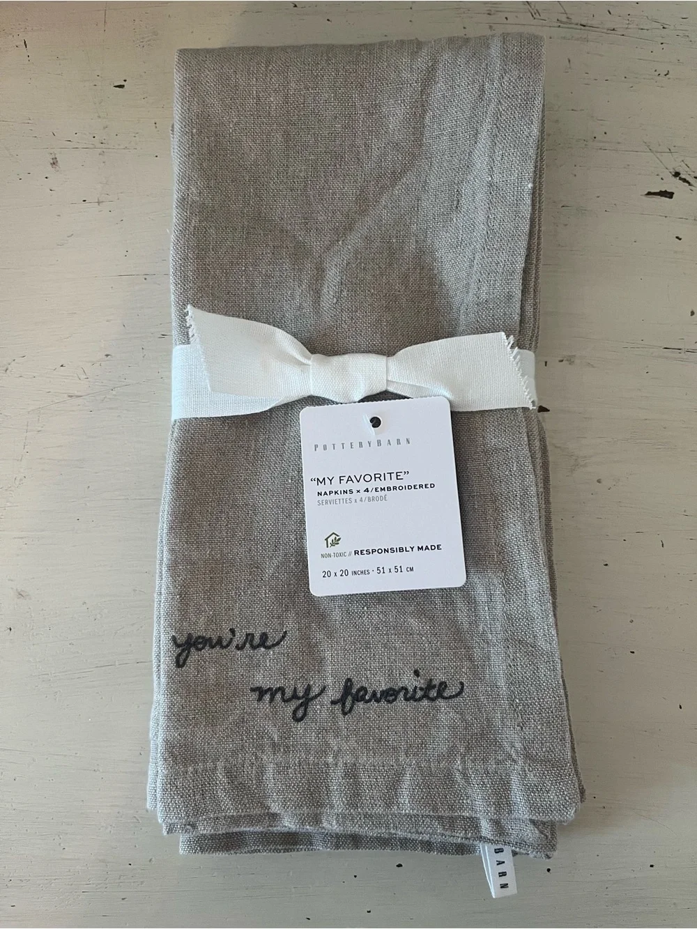 Pottery Barn My Favorite Embroidered Linen Napkins - Set of 4 - NWT